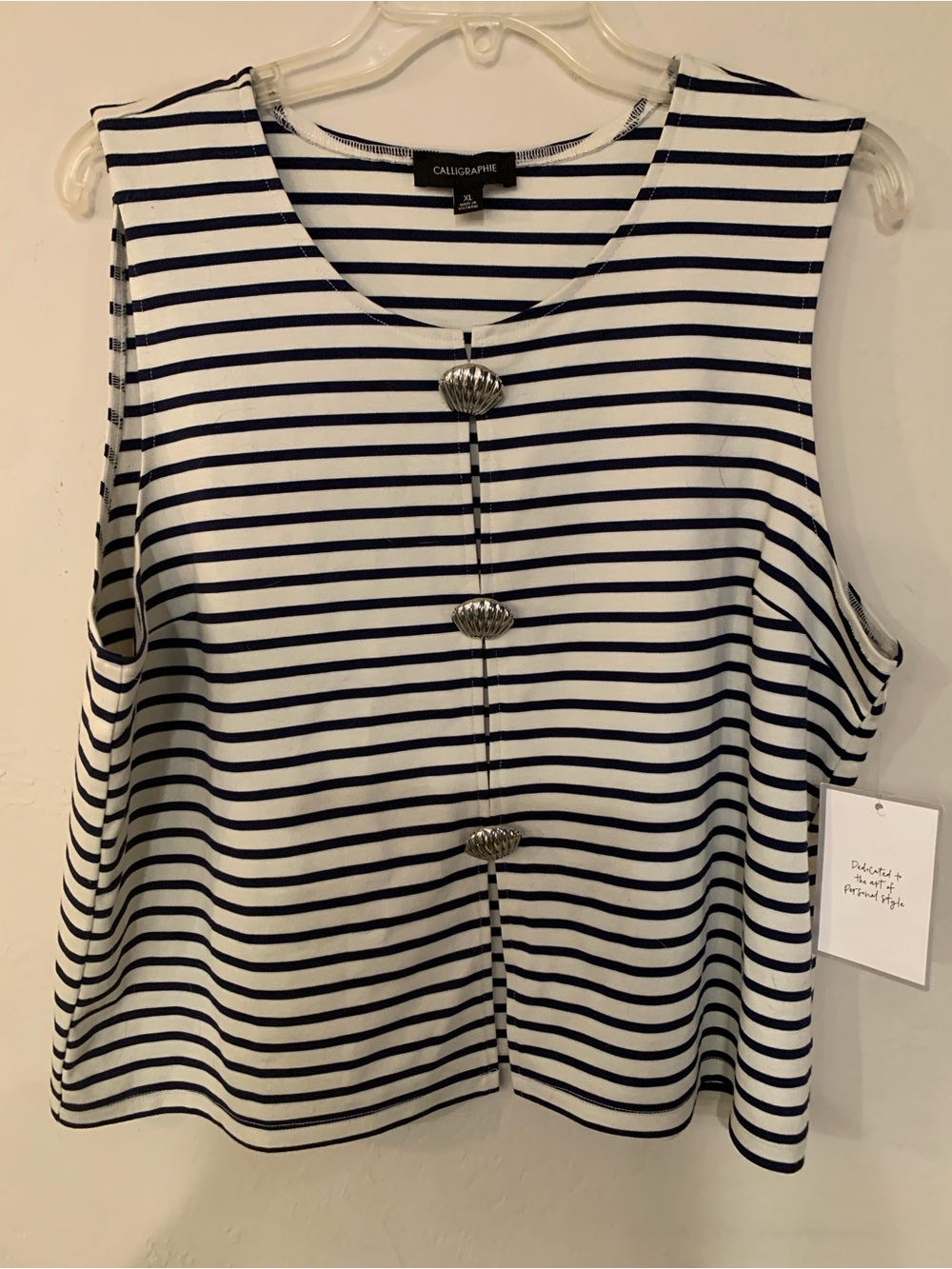 Calligraphie Nautical Navy & White Striped Shell-Button Belly BaringTank NWT XL